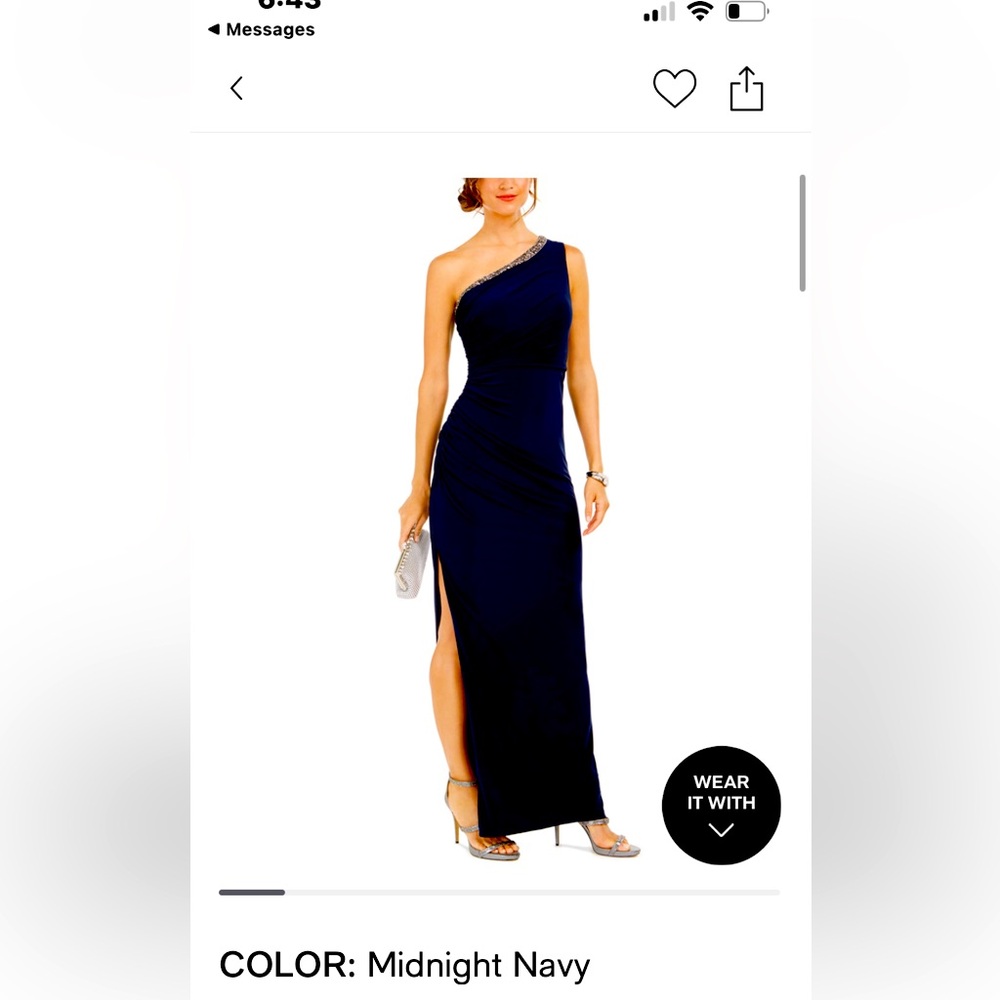 Adrianna Papell One Shoulder Jersey Gown side slit and rouchinh